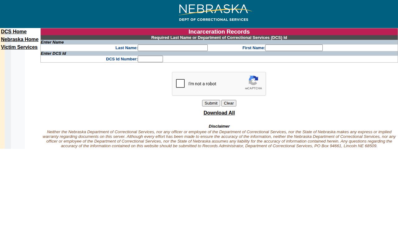 Nebraska NDCS state-custody record search for Saunders County booking research