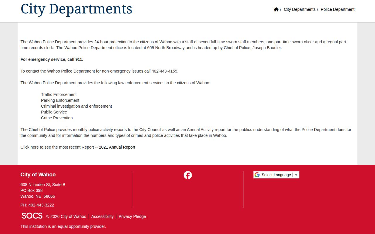 Wahoo Police Department source for Wahoo booking and arrest record requests